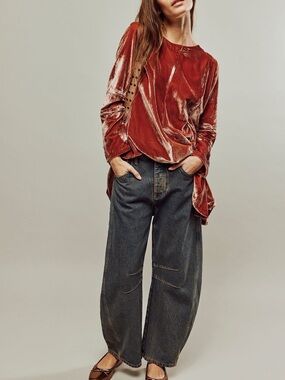 Free People Relaxed Boyfriend Jeans in Washed Black with Rust Top